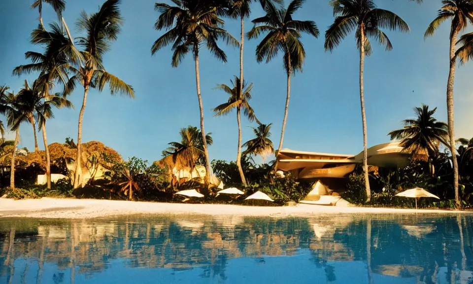 Image similar to 35mm film still, morning light over futuristic low-Fi villa on the beach at a tropical island, vivid , color palette of gold, infinity pool in front of house