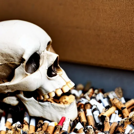 Prompt: human skull laying on its back with mouth open filled with cigarette butts