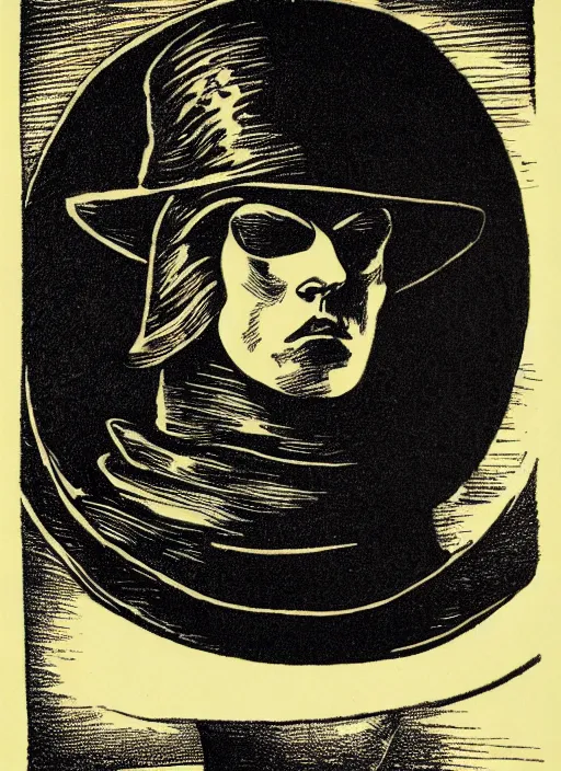 Image similar to perfectly centred realistic portrait of a character dressed in leather tight suit and witch hat, dark, chiaroscuro woodcut