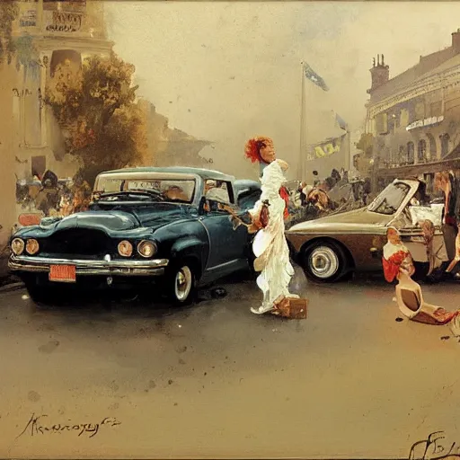 Prompt: a car show, by mead schaeffer and jean - honore fragonard