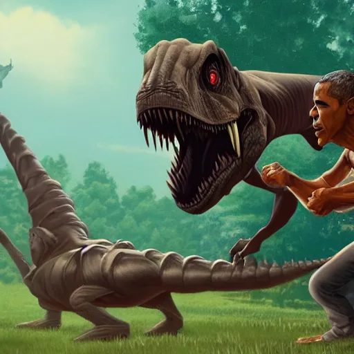 Image similar to obama fighting a t - rex, trending on artstation, 4 k, 8 k