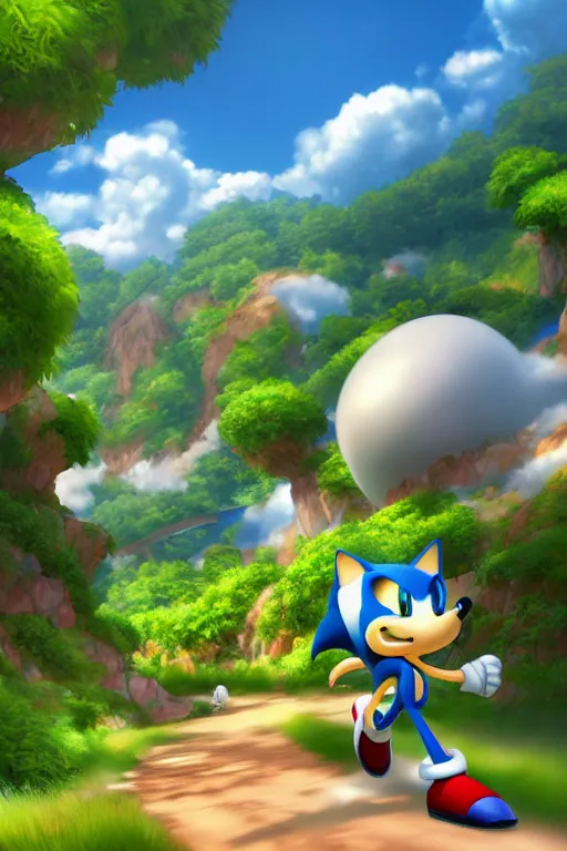 Image similar to sonic the hedgehog windows xp, serene evening atmosphere, soft lens, soft light, cel - shading, animation, in the style of cgsociety, deviantart, artstation, zbrush, cinema 4 d, studio ghibli, akihiko yoshida, atelier lulua, masamune shirow