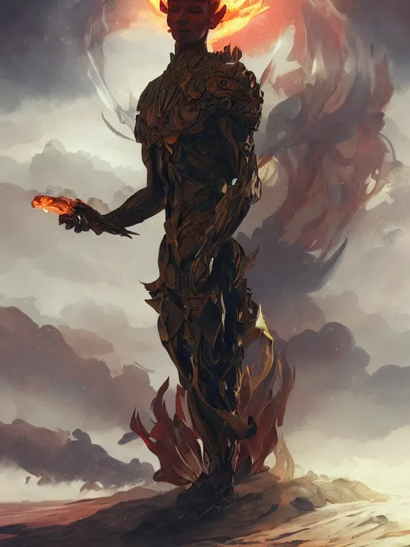 Image similar to humanoid fire elemental, male, fantasy, highly detailed, digital painting, artstation, concept art, smooth, elegant, sharp focus, illustration, art by artgerm and greg rutkowski and alphonse mucha