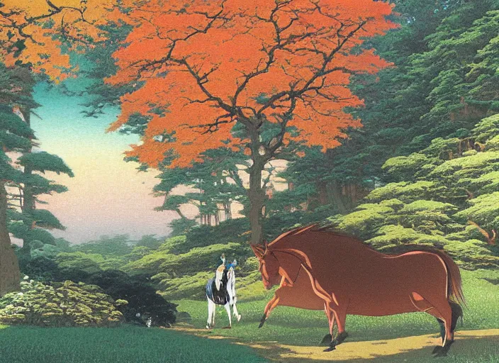 Prompt: forest with horse by studio ghibli painting, by ohara koson and thomas kinkade