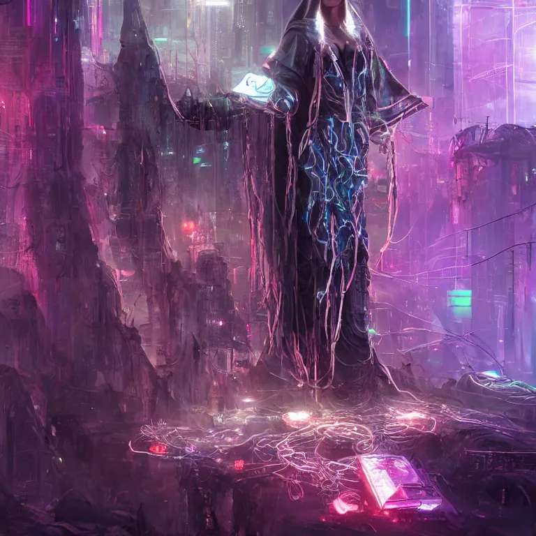 Image similar to futuristic priestess in a hooded robe full of cables and neons, cyberpunk, gothic, fantasy, science fiction, character concept art, matte painting, hyperdetailed, realistic, creepy, atmospheric, cinematic, kinemacolor