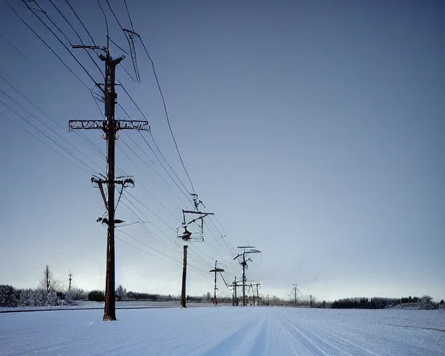 Image similar to a field covered in snow with power lines above it, a photo by kazys varnelis, featured on flickr, ecological art, photo taken with provia, matte photo, photo, at dawn