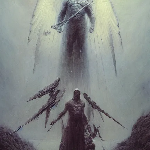 Image similar to archangel judgement, by beksinski, wayne barlowe, ruan jia, adrian smith fantasy art