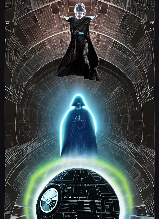 Prompt: platonic ideal luke skywalker, nazgul mandelbulb, deathstar, millenium falcon, detailed, darth vader, action pose, intricate, volumetric lighting, moebius, dan mumford, alphonse mucha, poster,