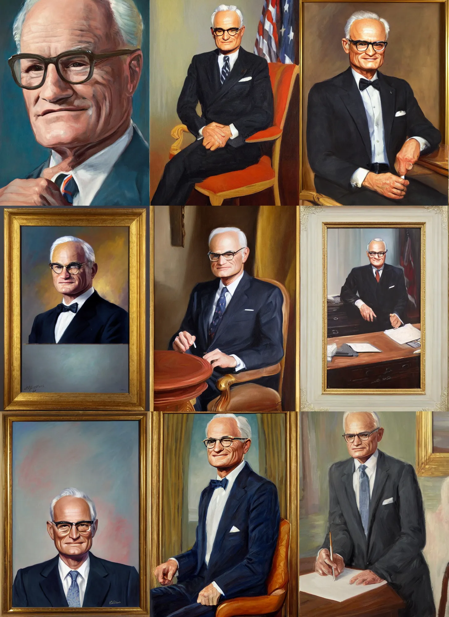 Prompt: Official Portrait of Barry Goldwater, 33rd President of the United States, Painting by Martha Greta Kempton in 1947. Oil on canvas. White House Collection/White House Historical Association. Trending on Artstation