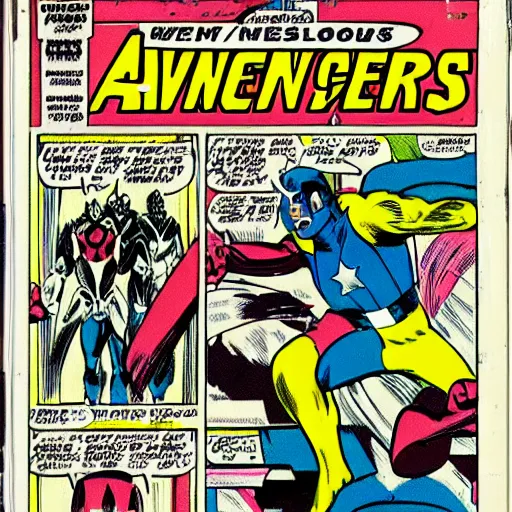 Image similar to avengers lost in backrooms, vintage comic