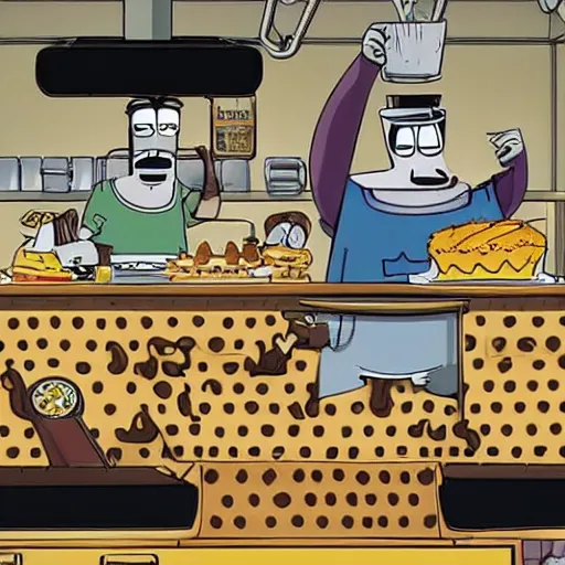 Prompt: the regular show in wafflehouse