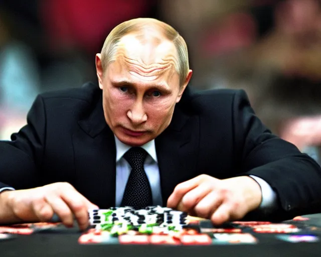 Prompt: Press release photo of Vladimir Putin playing Magic the Gathering on a large tournament, he's thinking what card he should play, high quality, 8k,