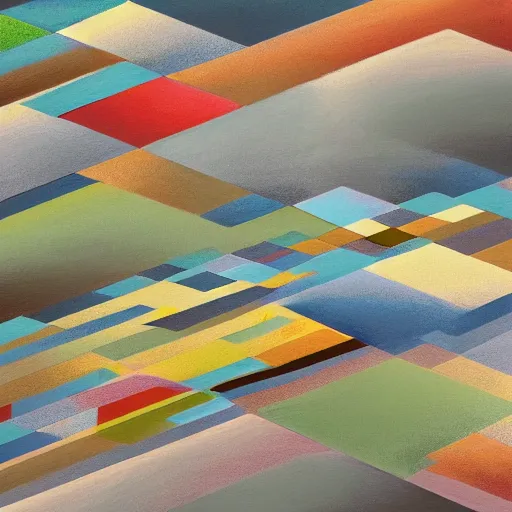 Image similar to masterpiece abstract intricate painting of layers of rocky material. highly geometric slanting down. isometric view. beautiful use of light and shadow to create a sense of depth and movement. using energetic brushwork and a limited color palette, providing a distinctive look and expressive quality in a mathematical composition