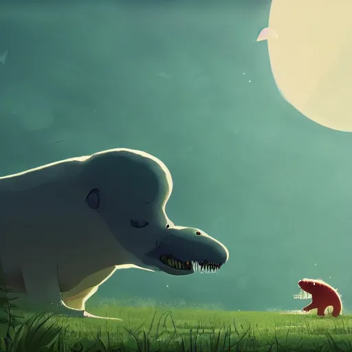 Prompt: baby harp seals being eaten by a tyrannosaurus in a tropical alien world, atey ghailan, goro fujita, studio ghibli, scary lighting, clear focus, very coherent