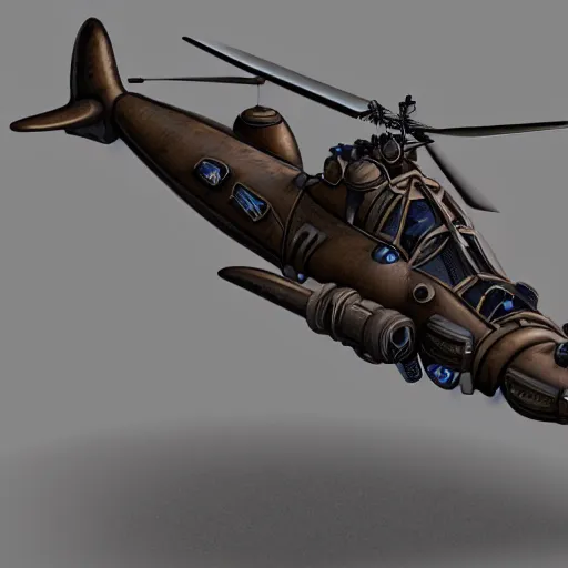 Prompt: steampunk attack helicopter, concept art, industrial design, detailed, 4 k, smooth curves, azure sky