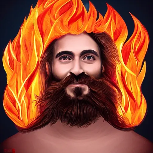 Image similar to art made of fire of a flawless man with long hair, with trimmed beard, smiling widely. fire in a shape of a man, extremely detailed, award-winning art, trending on Artstation