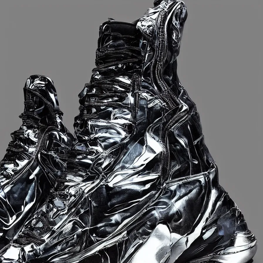 Prompt: futuristic balenciaga sneakers, nft art, highly detailed, hyper realistic, art by todd mcfarlane