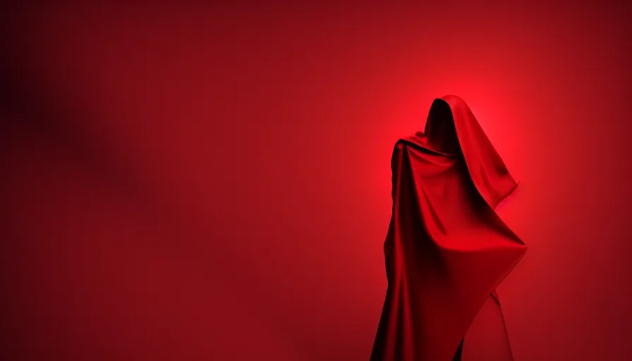 Image similar to enigmatic figure wrapped in red sheet in darkness, high contrast, hard light, digital art, rendering, cloth simulation, redshift