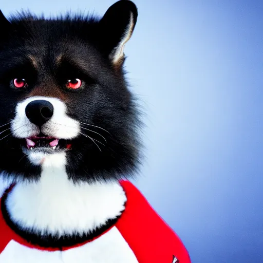 Image similar to anthro furry canine with black and red fur in a military outfit, 4 k, detailed, global illumination, chromatic aberration, studio lighting, strong pose