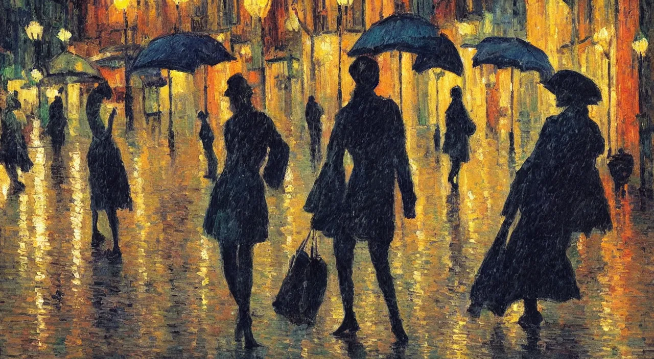 Image similar to evening city scene with young woman with umbrella. beautiful use of light and shadow to create a sense of depth and movement. post - impressionism, using energetic brushwork and a limited color palette, providing a distinctive look and expressive quality in a rhythmic composition