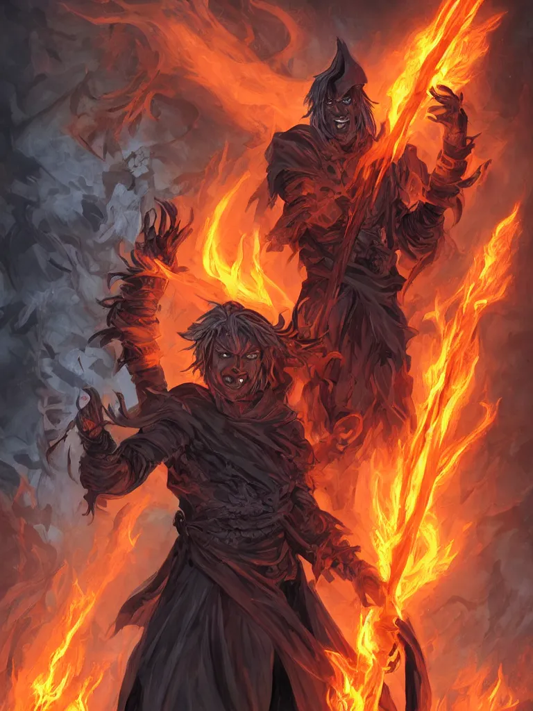 Image similar to dungeons and dragons official art of male fire genasi wizard with pitch black skin, flaming hair, glowing orange eyes, wearing black wizard robes, smug smile, holding a wooden staff, official print, book cover art