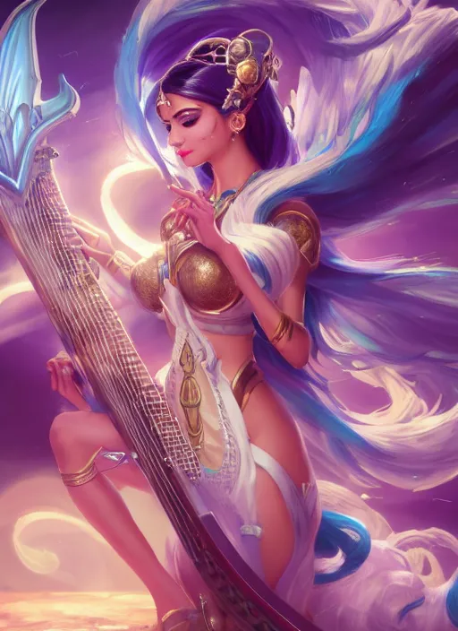 Image similar to sona, from league of legends, with an harp, hyper detailed, digital art, trending in artstation, cinematic lighting, studio quality, smooth render, unreal engine 5 rendered, octane rendered, art style by klimt and nixeu and ian sprigger and wlop and krenz cushart