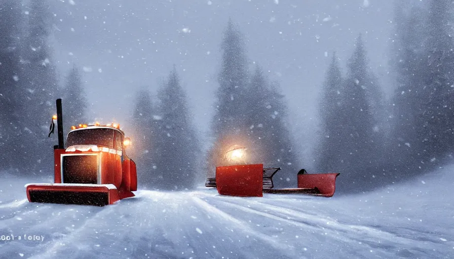 Image similar to A cozy Snowplow! clearing a beautiful snowy landscape. A blizzard and heavy snow falls. Fog and mist, highly detailed, concept art, digital art, 4k, high snow