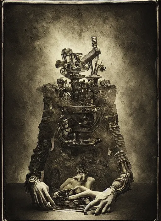 Prompt: old wetplate daguerreotype birth of a cyborg in times of eternal summoning, fractal, intricate, elegant, highly detailed, parallax, leica, medium format, subsurface scattering, by jheronimus bosch and greg rutkowski and louis jacques mande daguerre