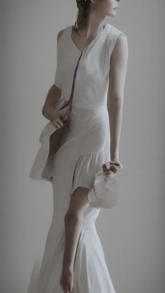 Image similar to photo of gorgeous tall emily skinner cosplaying annie leonhart wearing elegant white dress in a white room, beautiful face, pale skin, rule of thirds, cinematic lighting, rainy weather, melancholy atmosphere, sharp focus, backlit, stunning, smooth, hard focus, full body shot, studio photo, shot on sony a 7 iii, hyper realistic,