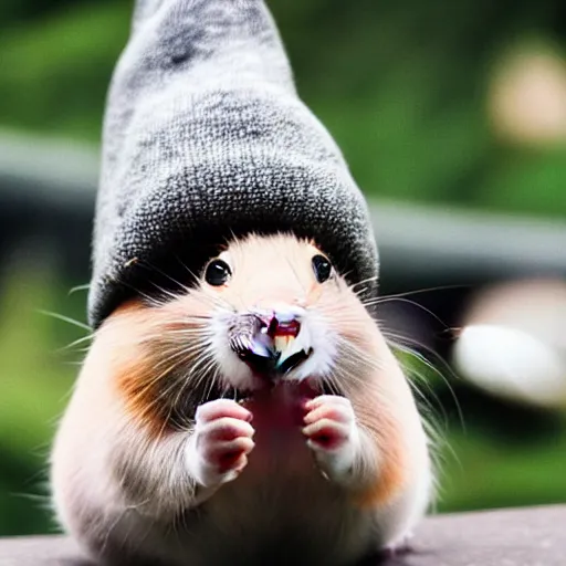 Image similar to hamster wearing a beanie smoking a bong