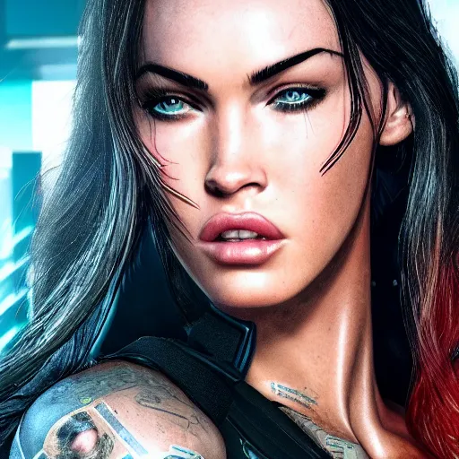 Prompt: Megan Fox portrait, Cyberpunk 2077, ultra photorealistic, cybernetic body parts