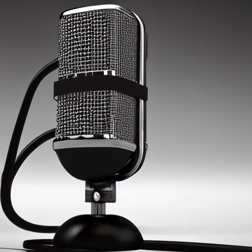 Image similar to 3 d render of stainless steel retro microphone on the black onyx stand, octane render, corona render, unreal engine, realistic render,