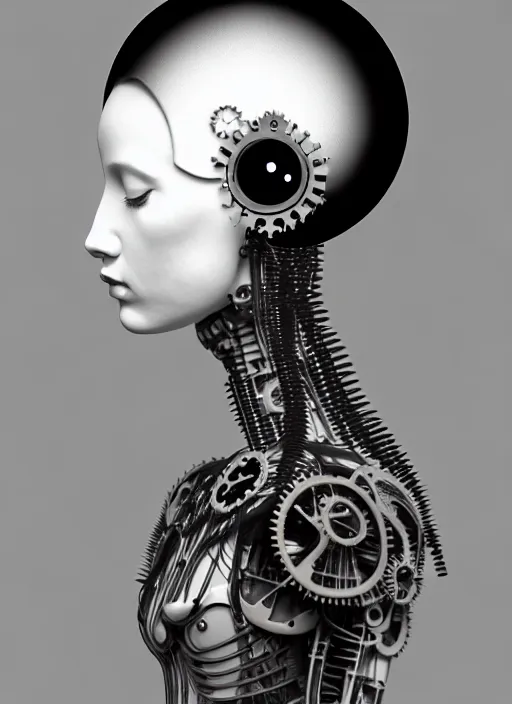 Image similar to black and white dreamy foggy profile face portrait, one steampunk eye biomechanical beautiful young female cyclope - cyborg - robot bust, body ribs meshes,, volumetric light, hibiscus flowers, by hg giger, rim light, by dora maar and cecile beaton, big gothic fashion pearl embroidered collar, 8 k