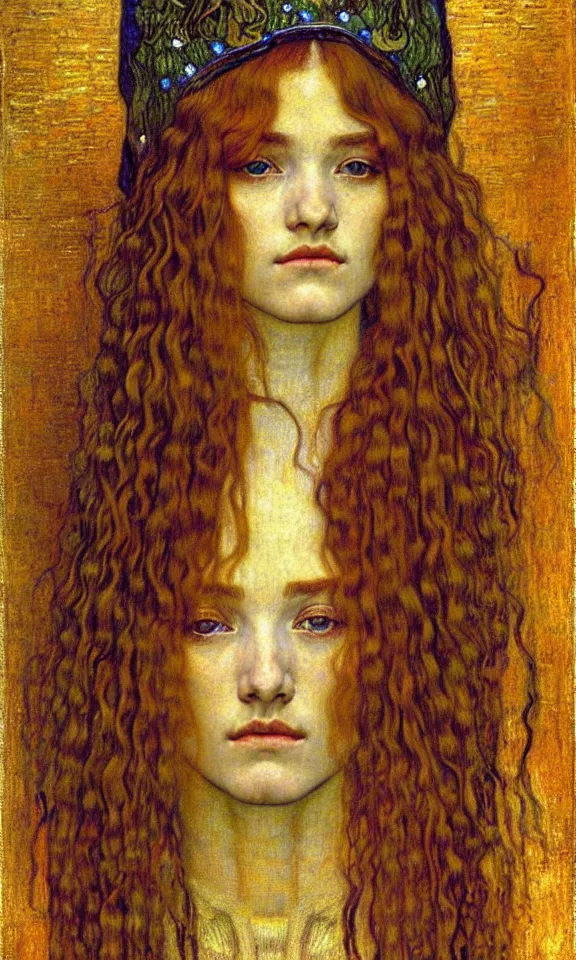 Image similar to detailed realistic beautiful young medieval queen face portrait by jean delville, gustav klimt and vincent van gogh, art nouveau, symbolist, visionary, gothic, pre - raphaelite, muted earthy colors, desaturated