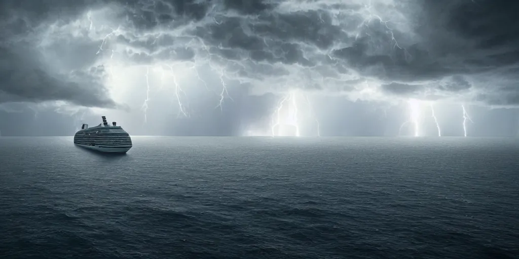 Image similar to cruise ship sinking during a thunderstorm unreal engine An epic fantastic realism dinamic lighting