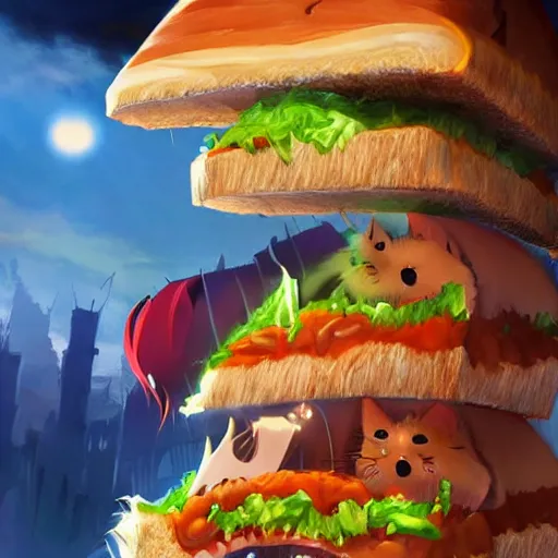 Image similar to giant carnivorous sandwich chasing the scared cat, artstation hq, dark phantasy, stylized, symmetry, modeled lighting, detailed, expressive, true unsimulated emotions, created by hayao miyazaki