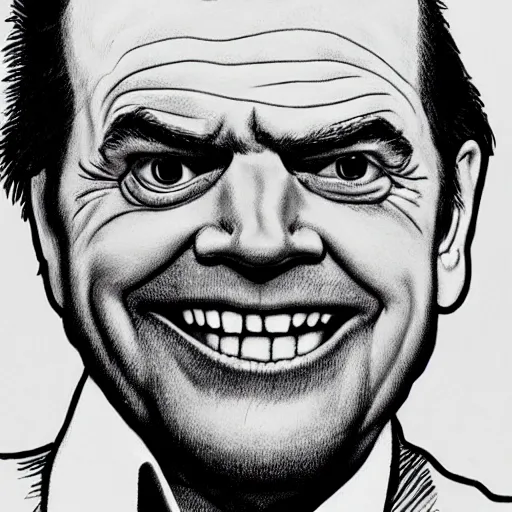 Image similar to a portrait of Jack Nicholson drawn by Robert Crumb