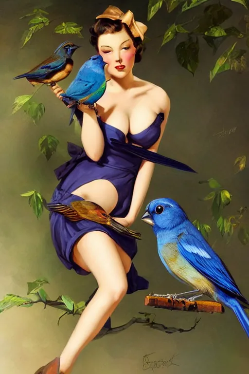 Image similar to hyper realistic painting, tasteful pinup girl holding an indigo bunting, bird, the bird is wearing a bowtie, by greg rutkowski, rossdraws, gil elvgren, enoch bolles, anime, porcelain skin, very coherent