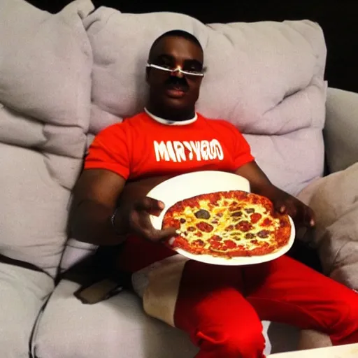 Image similar to Super Mario sitting on the couch eating pizza