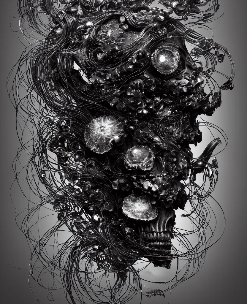 Image similar to fully black background. background hex 000000. goddess princess face close-up portrait ram skull. old metal bas relief. jellyfish phoenix head, nautilus, orchid, skull, betta fish, bioluminiscent creatures, intricate artwork by Tooth Wu and wlop and beeple. octane render, trending on artstation, greg rutkowski very coherent symmetrical artwork. cinematic, hyper realism, high detail, octane render, 8k