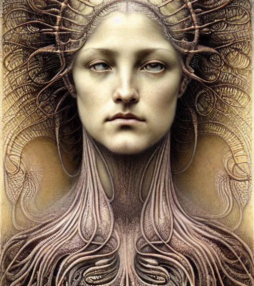 Prompt: detailed realistic beautiful patina goddess face portrait by jean delville, gustave dore, iris van herpen and marco mazzoni, art forms of nature by ernst haeckel, art nouveau, symbolist, visionary, gothic, neo - gothic, pre - raphaelite, fractal lace, intricate alien botanicals, biodiversity, surreality, hyperdetailed ultrasharp octane render