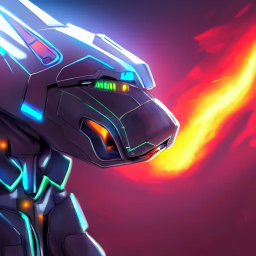 Image similar to highly detailed cinematic shot of a mecha canine, sharp claws, sleek armor, glowing visor, charging through city, digital art, furry art, furaffinity, deviantart, dragon art