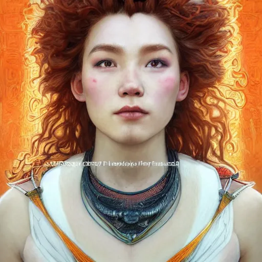 Image similar to Masterpiece head and shoulders Portrait of Aloy from Horizon Zero Dawn with red curly hair drawn by Tom Bagshaw and Donato Giancola, face by Artgerm, overall design by Alphonse Mucha, background by James Jean and Gustav Klimt, light by Julie Bell, 4k, porcelain skin, komorebi, french nouveau, trending on artstation, octane render, hyperrealistic