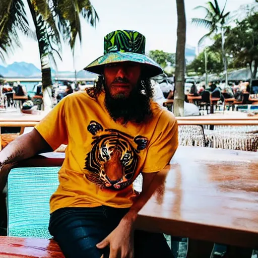 Prompt: a tiger wearing a bucket hat and a hawaii shirt sitting at an outdoor bar drinking a beer