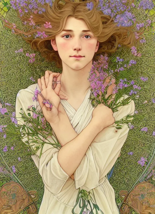 Prompt: pretty young man with shoulder length blond hair, half body shot, emotional, decorative flower patterned background, path traced, highly detailed, high quality, digital painting, by studio ghibli and alphonse mucha, leesha hannigan, hidari, disney, jules bastien - lepage, art nouveau, martine johanna, android jones