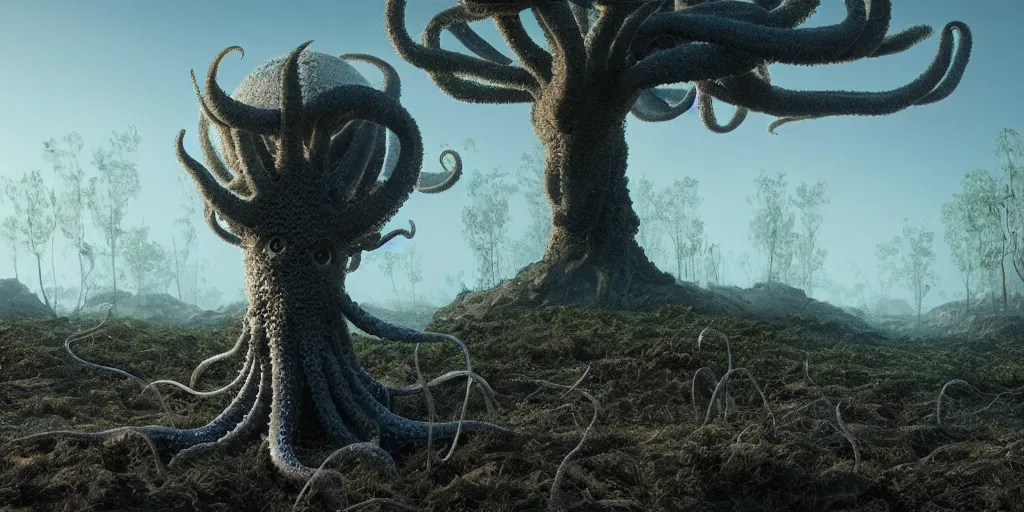 Prompt: a bill murray skin suit octopus eldritch horror standing in front of a photorealistic 3D art of dystopian landscape with fluffy trees, 4k, extremely detailed, ultra realistic, by Annibale Siconolfi, Maxon Cinema 4D, Otoy Octane, Adobe Photoshop, Adobe After Effects, complex 3D scene