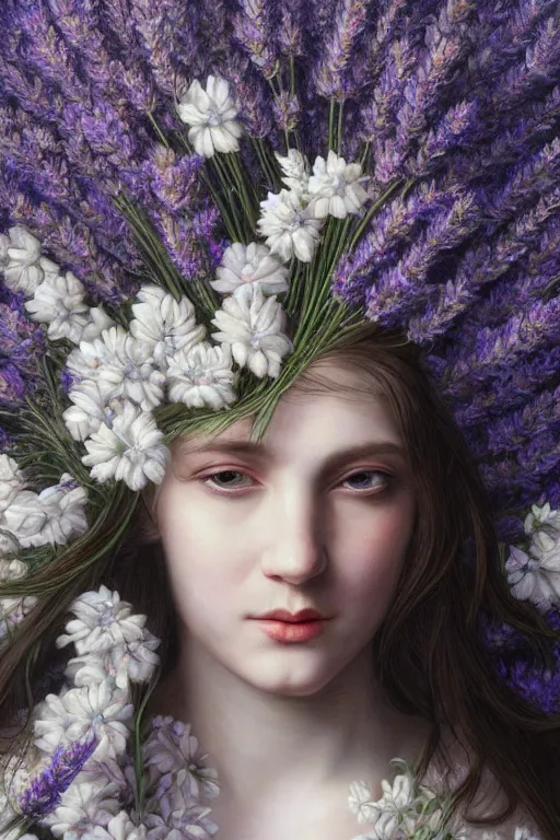 Prompt: hyperrealism close-up mythological portrait of a huge number of lavender flowers merged with with medieval female, silver palette, pale skin, wearing dark silk robe, in style of classicism