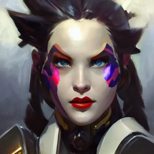 Image similar to greg manchess portrait painting of partially armored jinx from arcane as overwatch character, medium shot, asymmetrical, profile picture, organic painting, sunny day, matte painting, bold shapes, hard edges, street art, trending on artstation, by huang guangjian, gil elvgren, ruan jia, greg rutkowski, gaston bussiere