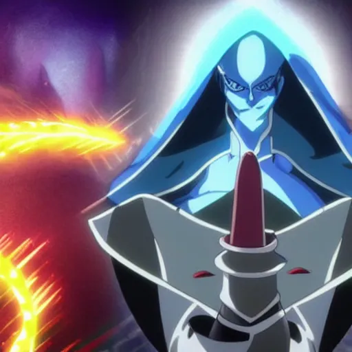 Image similar to Karthus from League of Legends in anime movie, dragonballz, jojo