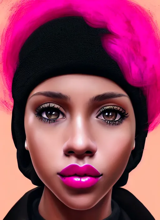 Image similar to portrait of teenage vanessa morgan with bright pink hair, black girl, vanessa morgan, curly pixie cut hair, wearing newsboy cap, newsboy cap, hoop earrings, intricate, elegant, glowing lights, highly detailed, digital painting, artstation, concept art, smooth, sharp focus, illustration, art by wlop, mars ravelo and greg rutkowski